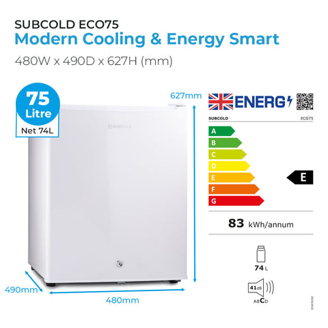 White subcold eco75 mini fridge with sleek modern design and energy-efficient features for tabletop use