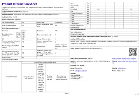 This is a white and black product information sheet for the subcold eco75 tabletop fridge by subcold ltd