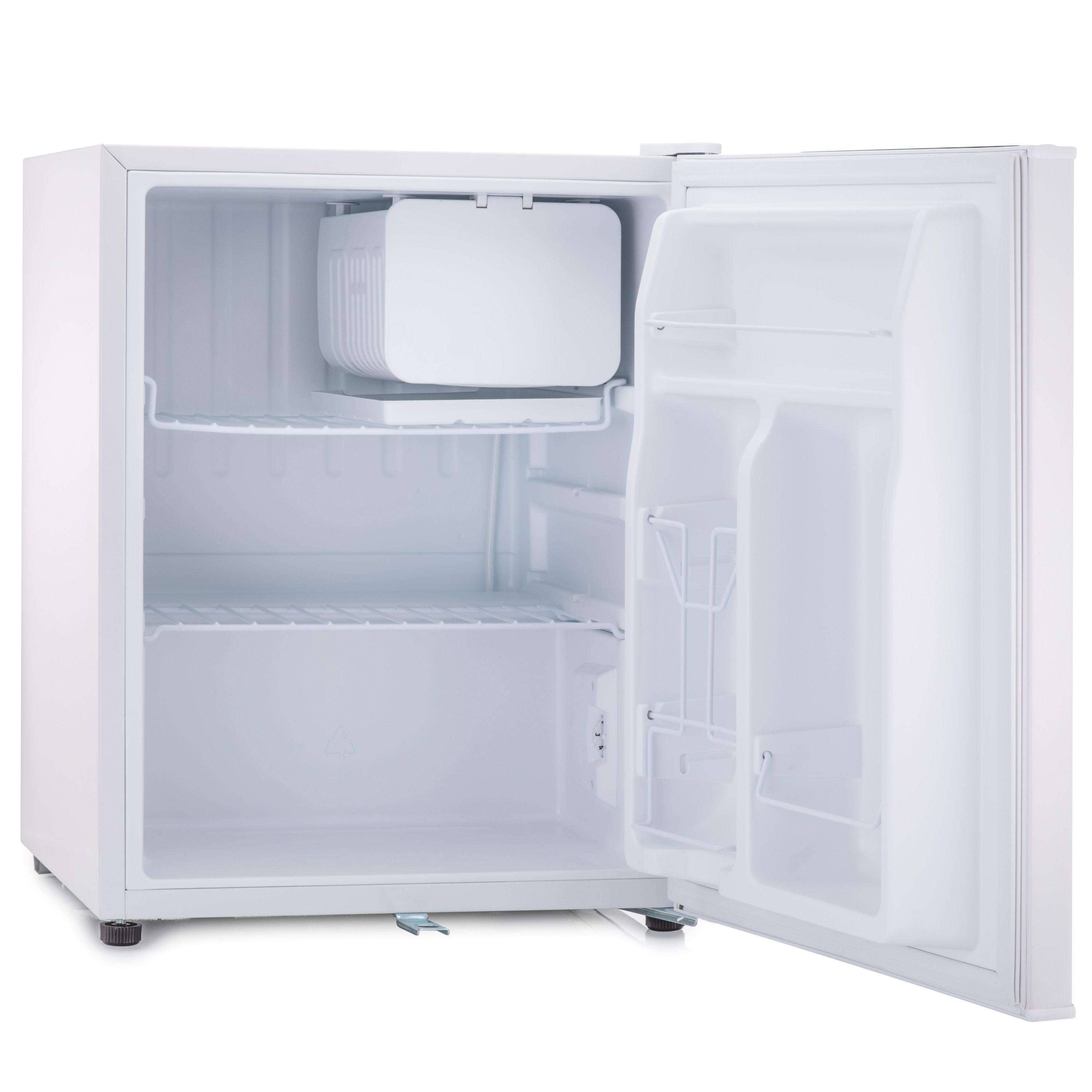 White subcold eco75 table top fridge with freezer compartment and two interior shelves for compact storage