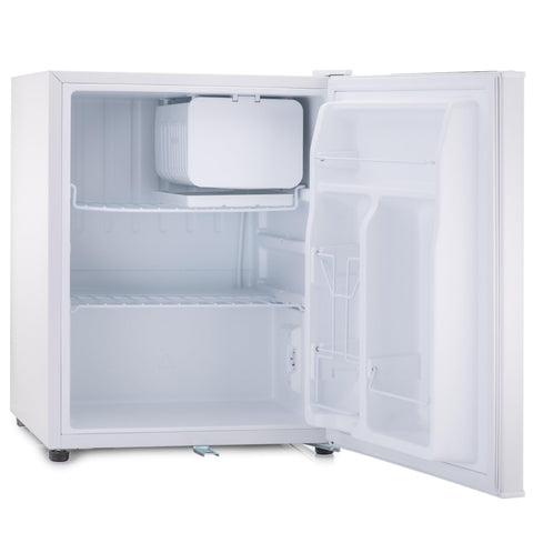 White subcold eco75 table top fridge with freezer compartment and two interior shelves for compact storage
