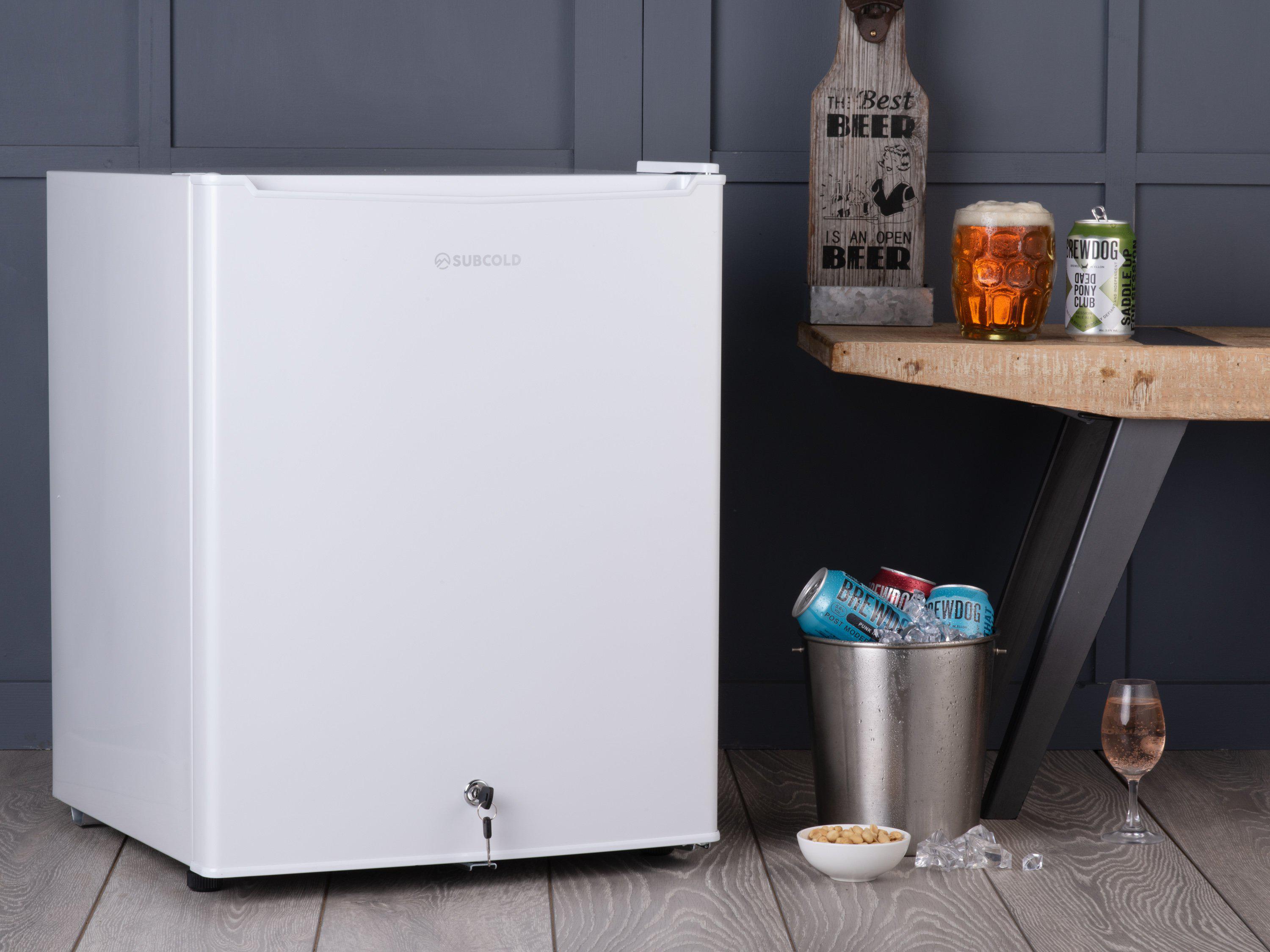 White subcold eco75 compact fridge with spigot and brand logo on top front panel for tabletop use