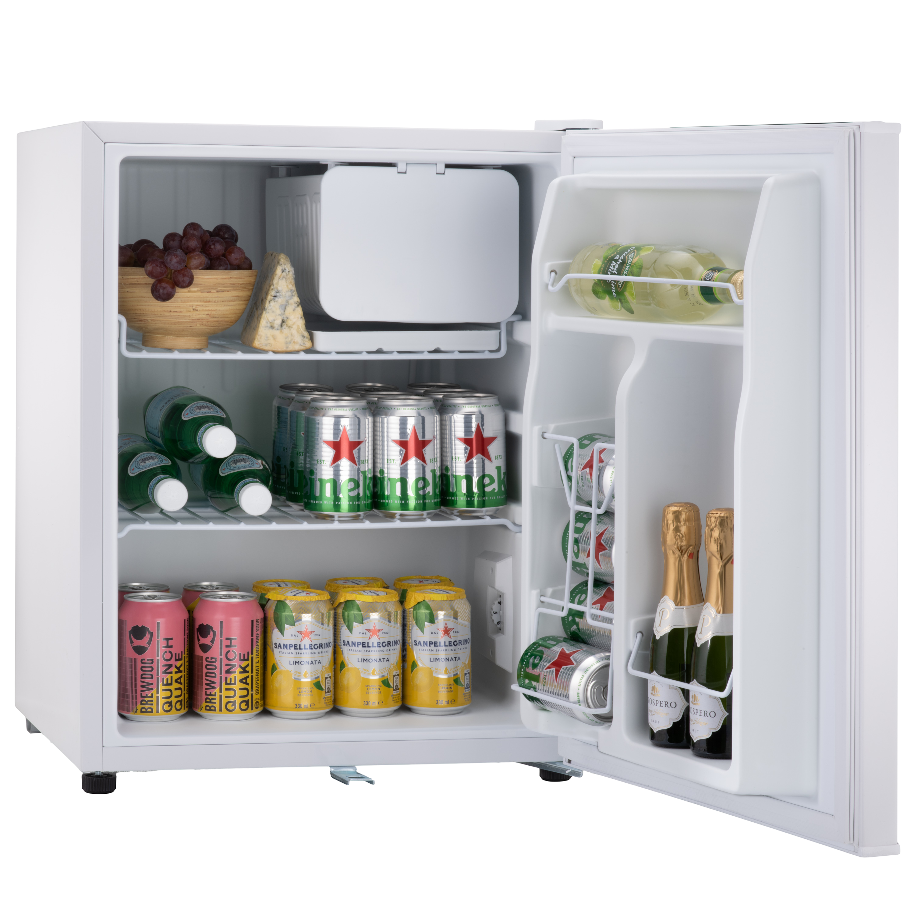 White subcold eco75 table top fridge with interior shelves stocked with beverages and food items