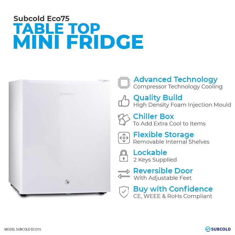 White subcold eco75 tabletop mini fridge with sleek compact design and lockable door perfect for small spaces