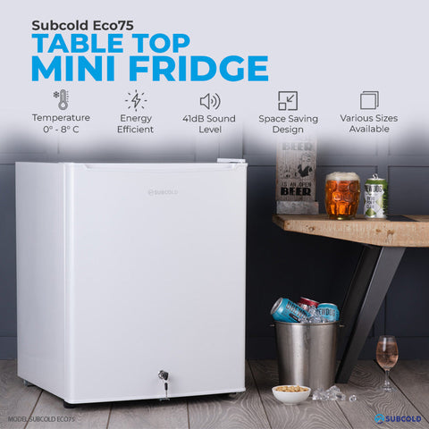 White subcold eco75 tabletop mini fridge with sleek compact design and bottom mounted spigot for easy dispensing