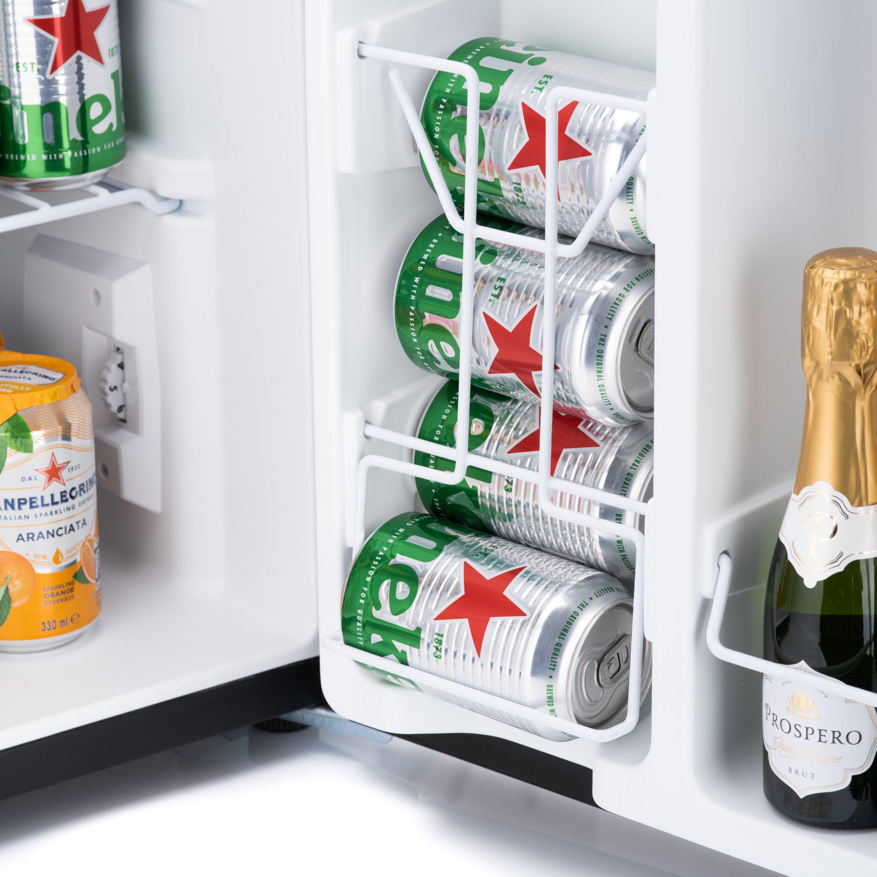 White wire can rack holding stacked heineken cans inside a subcold eco75 table top fridge
