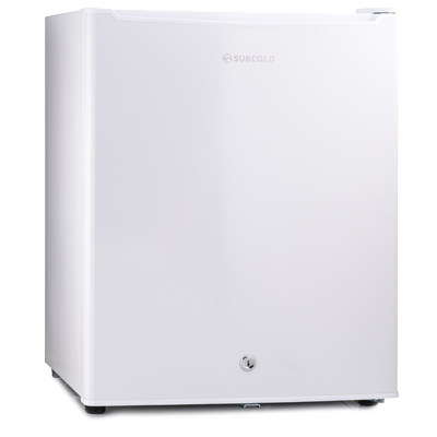 White sleek compact subcold eco75 table top fridge with minimalist design and bosch logo on the door