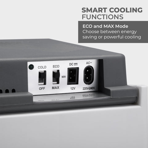 Gray plastic control panel with black switches and ports on the back of the subcold euro30 cool box for eco and max modes
