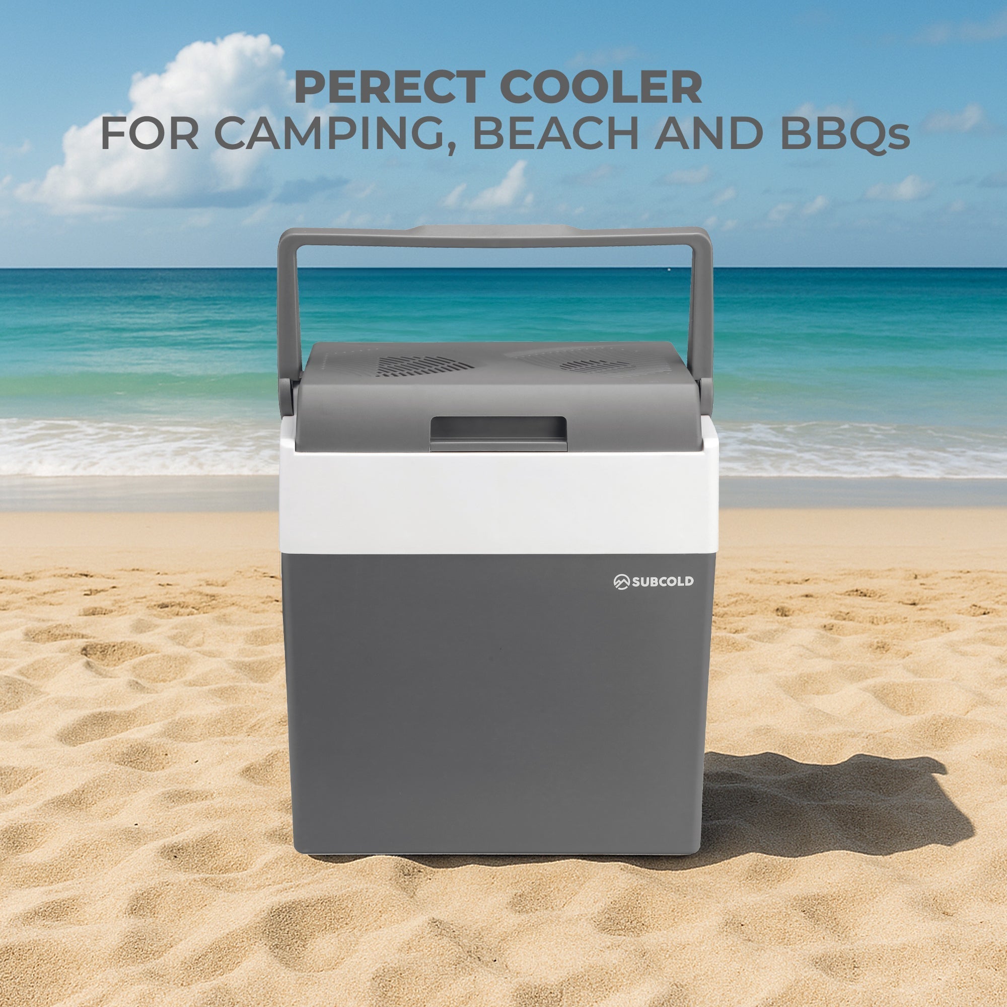 Gray and white subcold euro30 cool box with handle for camping beach and bbqs thermoelectric cool box