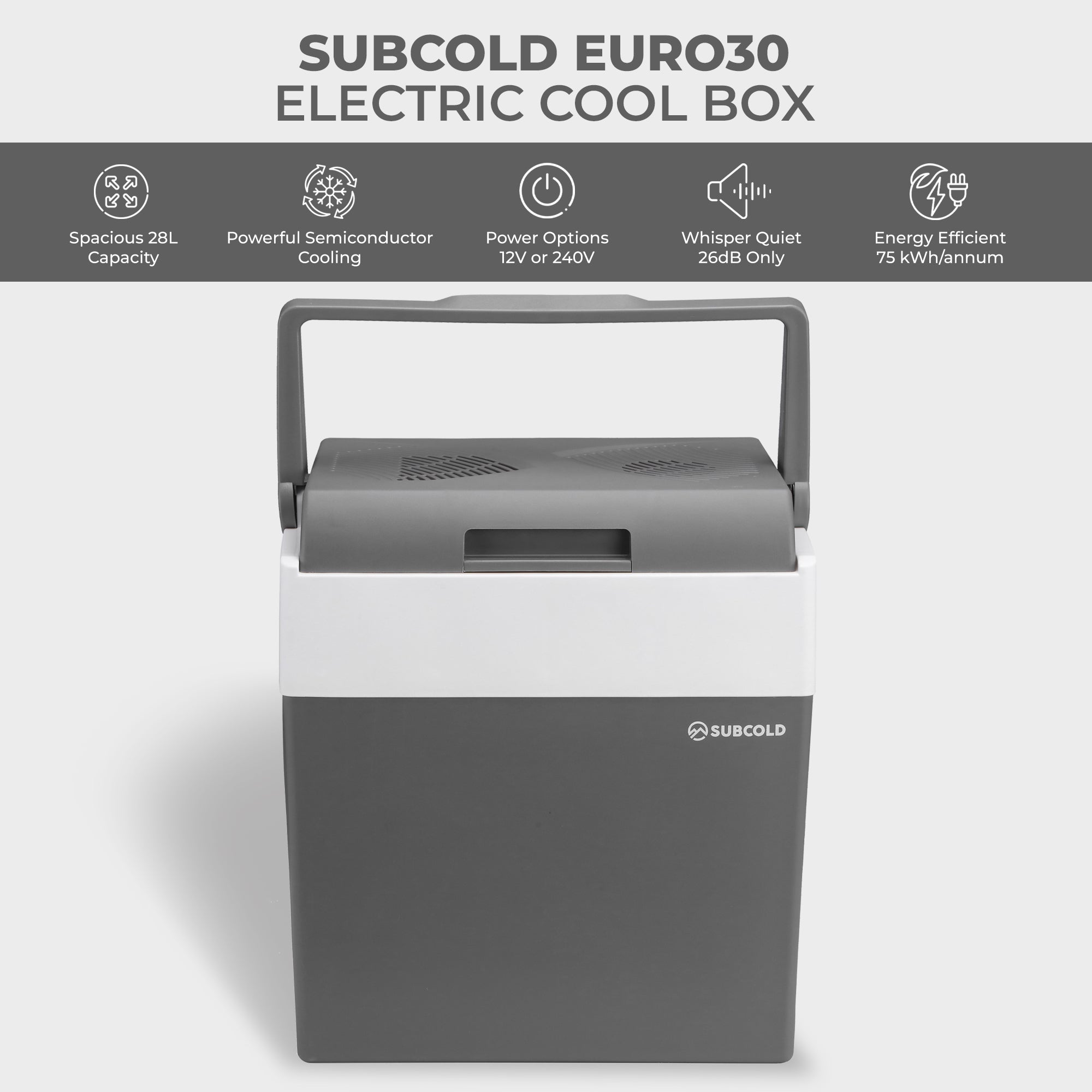 Gray and white subcold euro30 thermoelectric cool box with handle on top perfect for portable cool box use