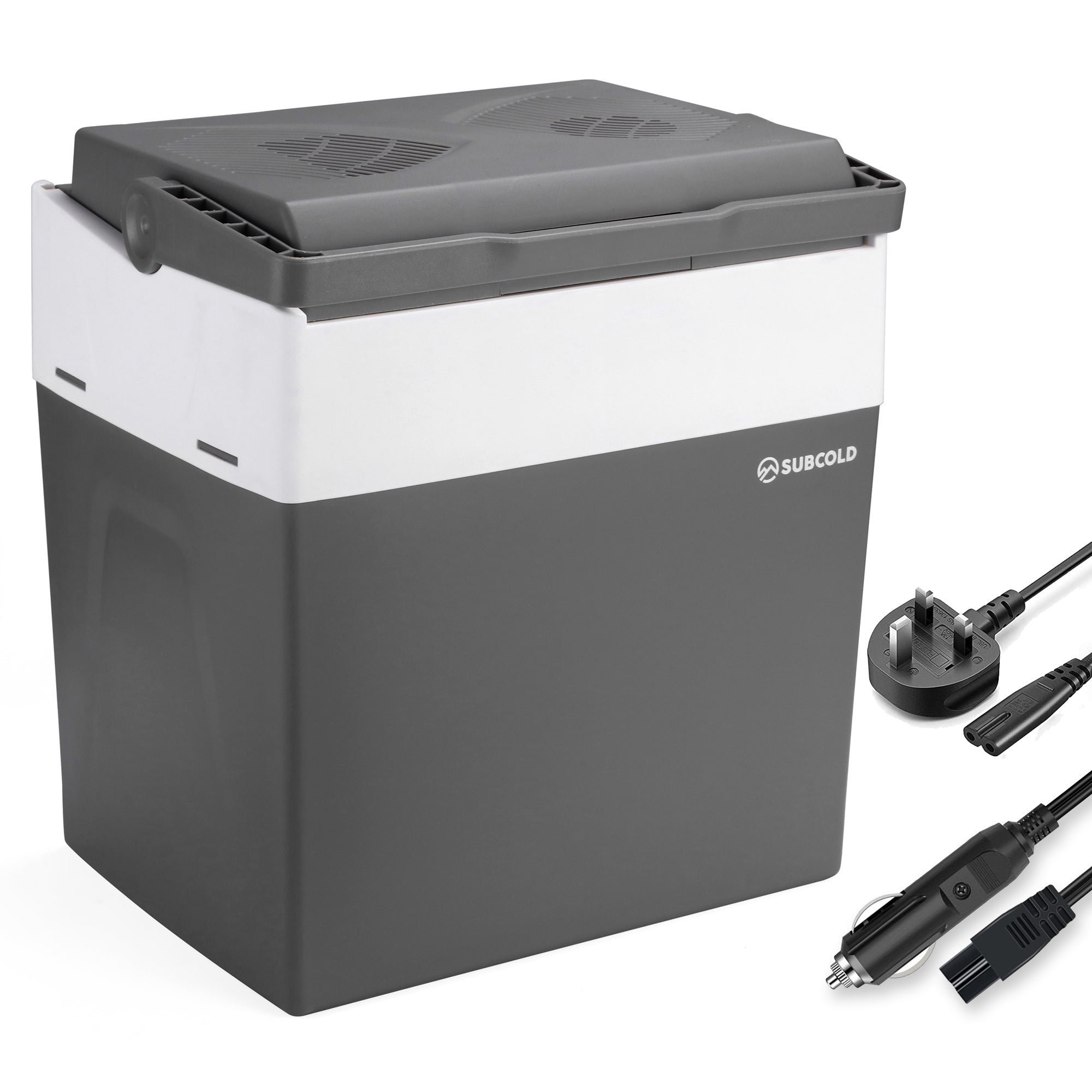 Gray and white subcold euro30 cool box with vented lid and multiple power cords for portable car use