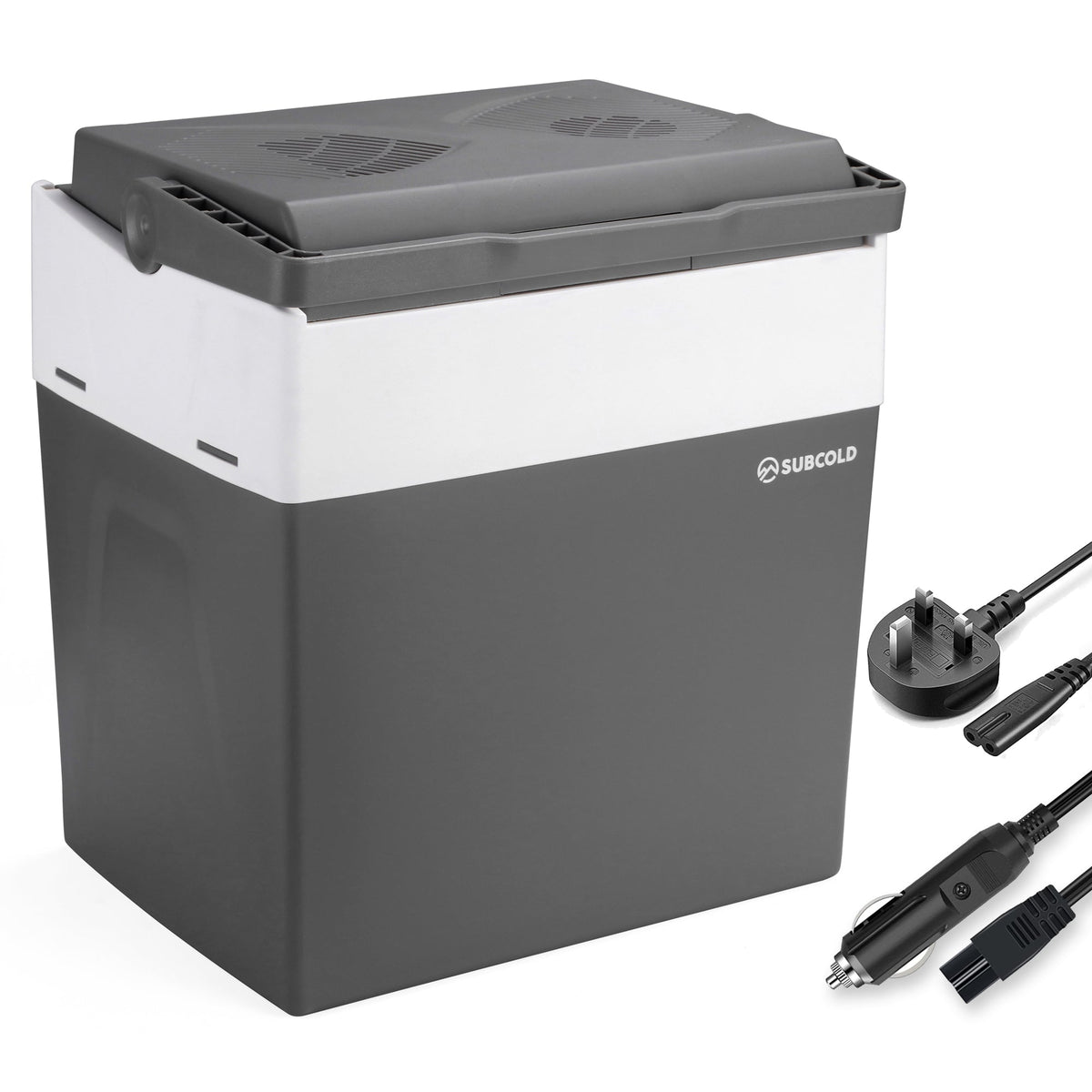Gray and white subcold euro30 cool box with vented lid and multiple power cords for portable car use