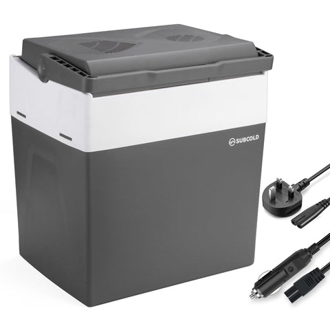 Gray and white subcold euro30 cool box with vented lid and multiple power cords for portable car use