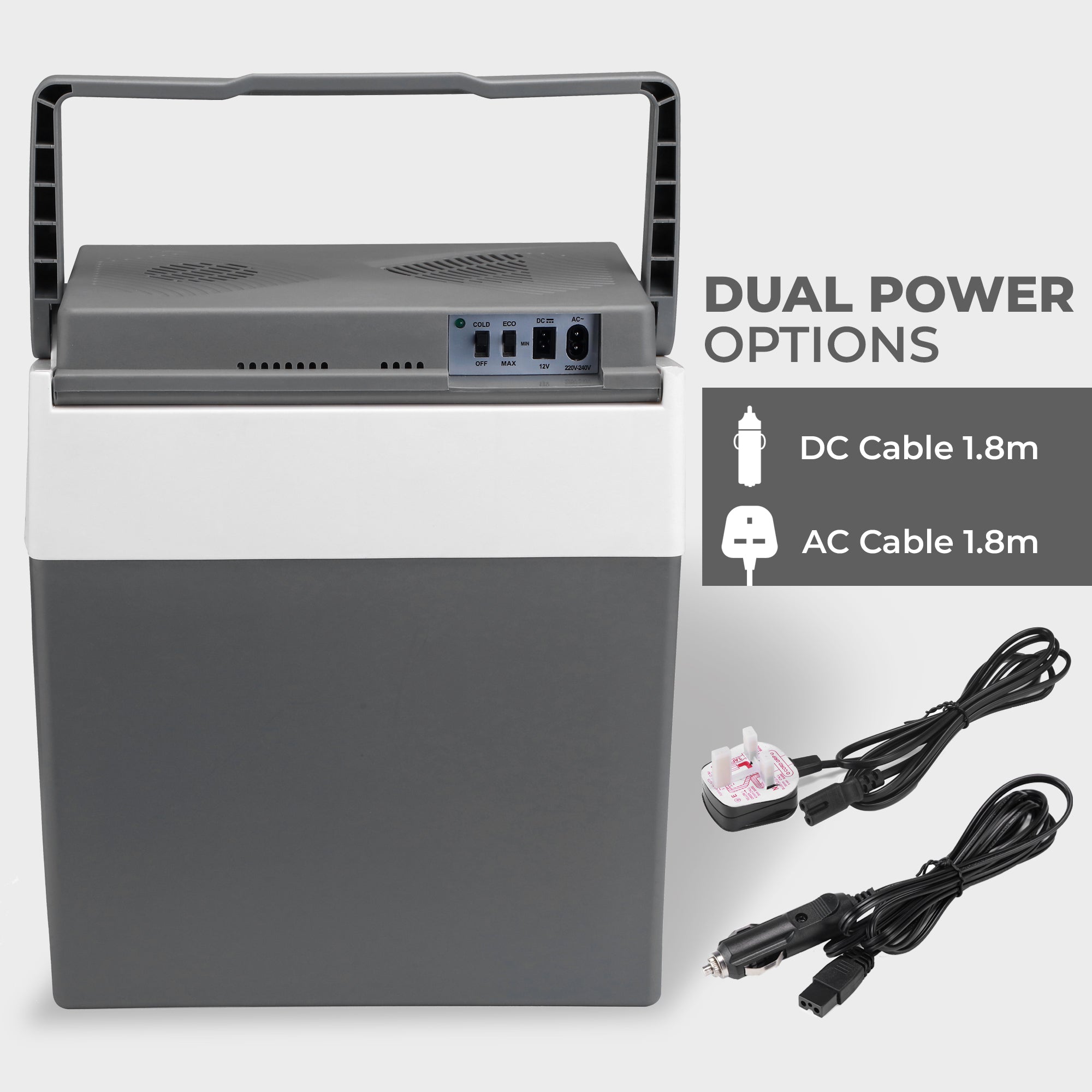 Gray and white subcold euro30 cool box with dual power options and top handle for easy portable cooling