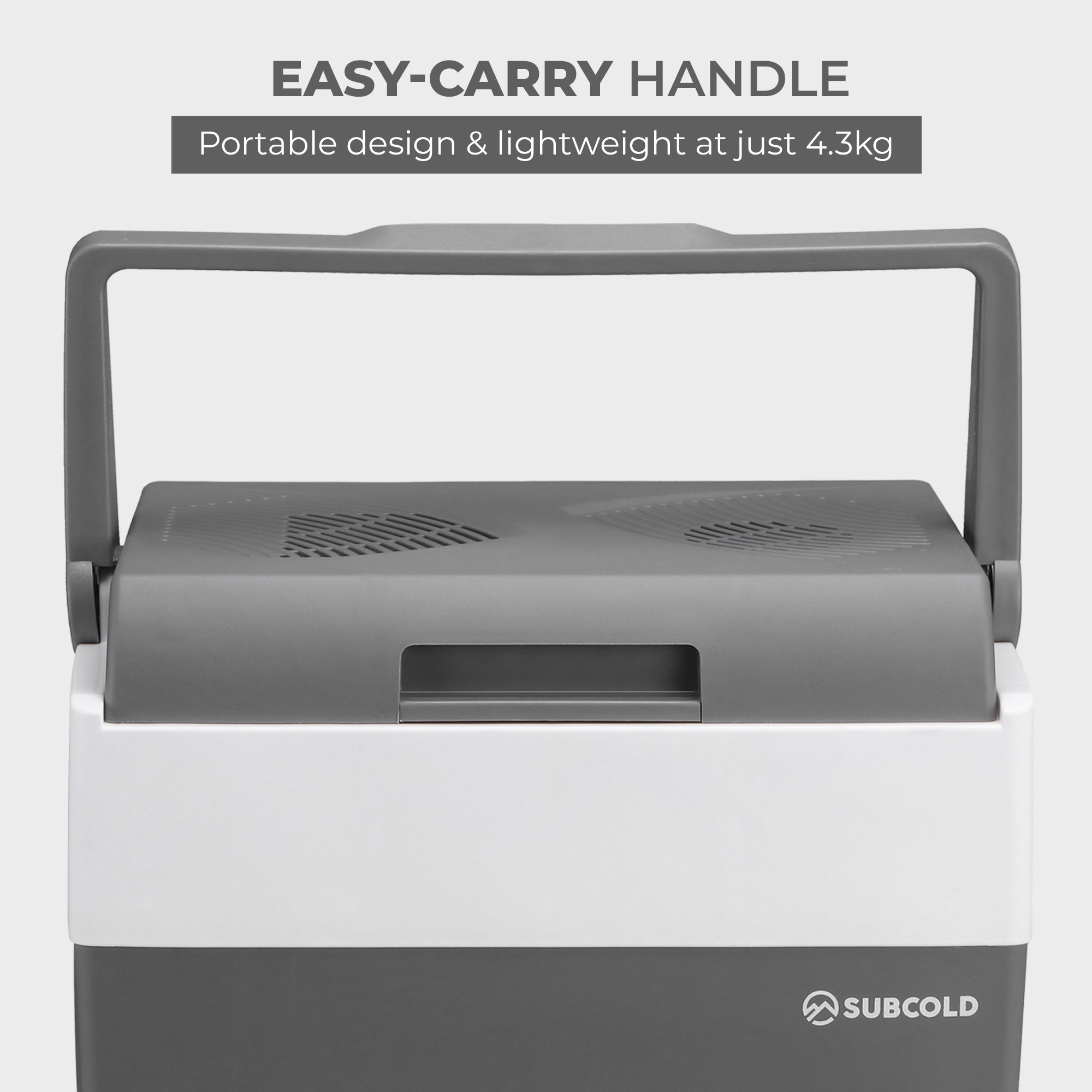 Gray and white subcold euro30 cool box with easy carry handle perfect for portable thermoelectric cooling
