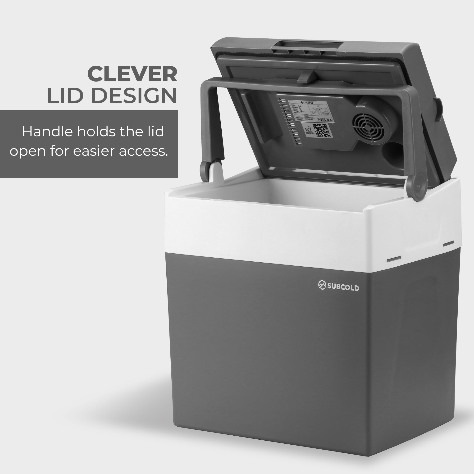 Gray and white subcold euro30 cool box with hinged lid and internal fan for portable thermoelectric cooling