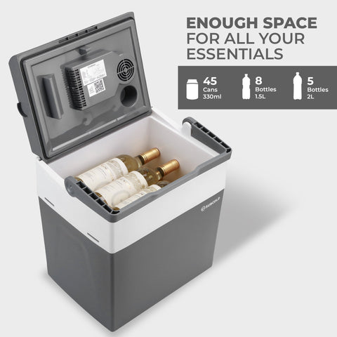 Gray and white subcold euro30 thermoelectric cool box with hinged lid for storing beverages in vehicles