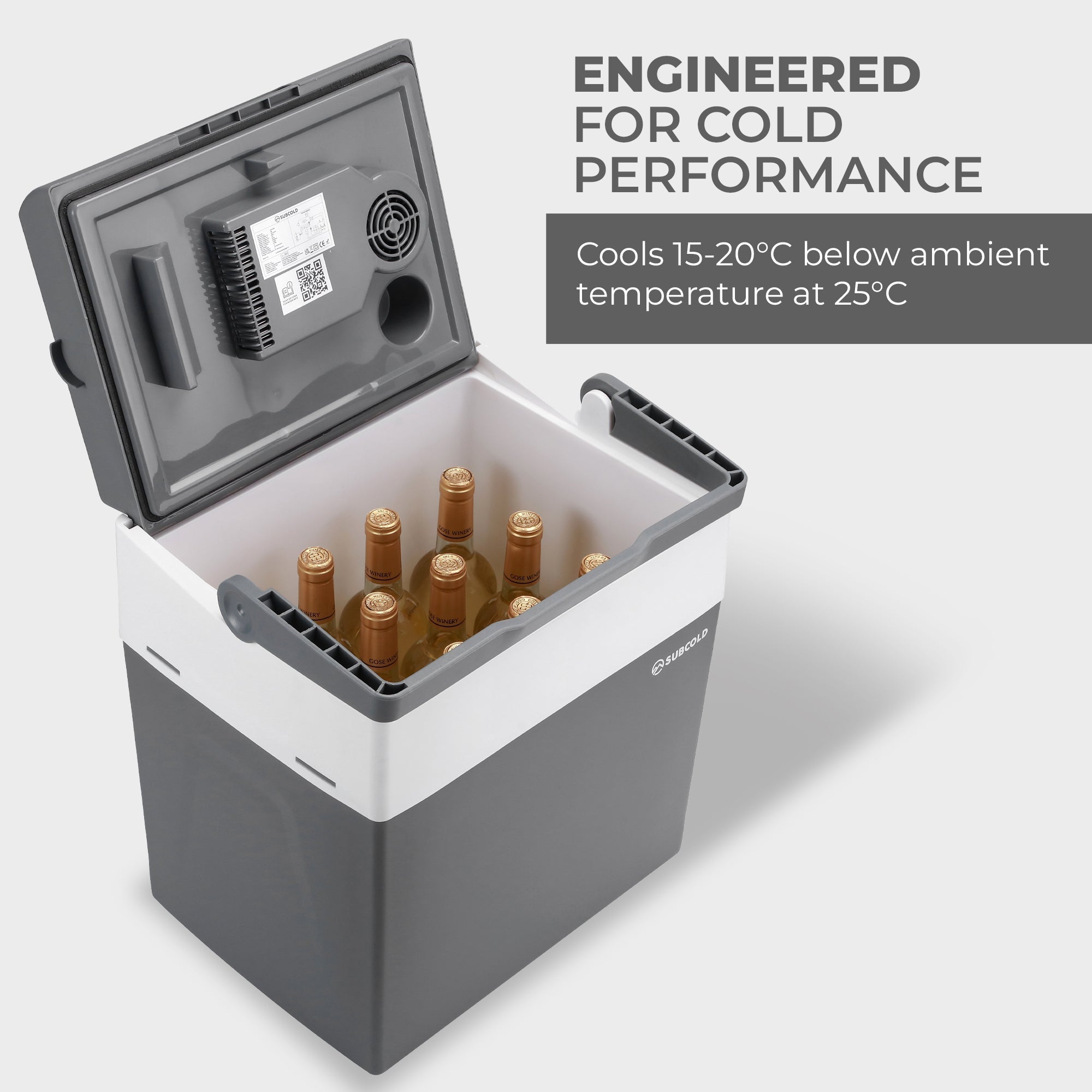 Gray and white subcold euro30 cool box with sleek design and integrated fan for efficient thermoelectric cooling