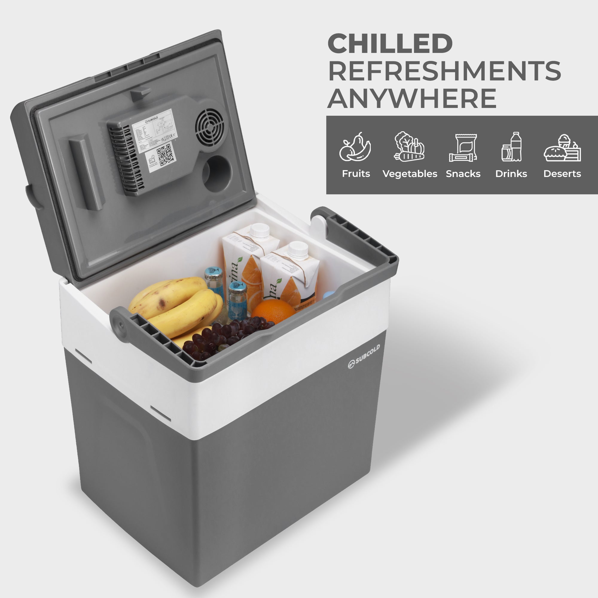 Gray and white subcold euro30 cool box with hinged lid and internal fan for chilled refreshments on the go