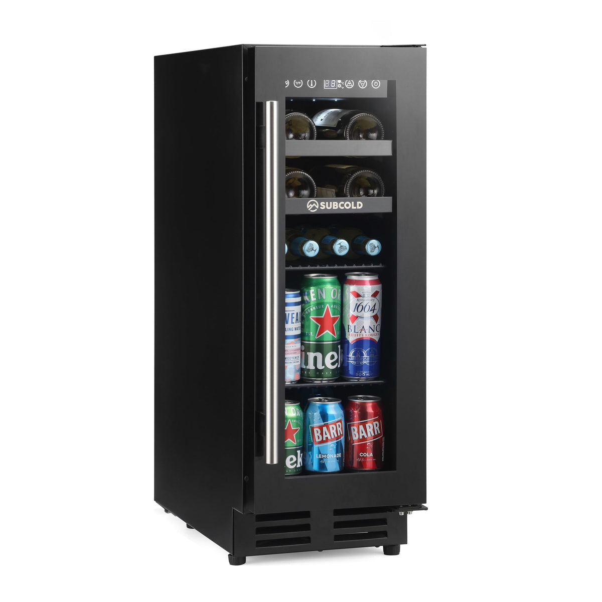 Black subcold integra30 integrated 2 in 1 drinks and wine cooler with glass door and stainless steel handle for perfectly chilled bottles