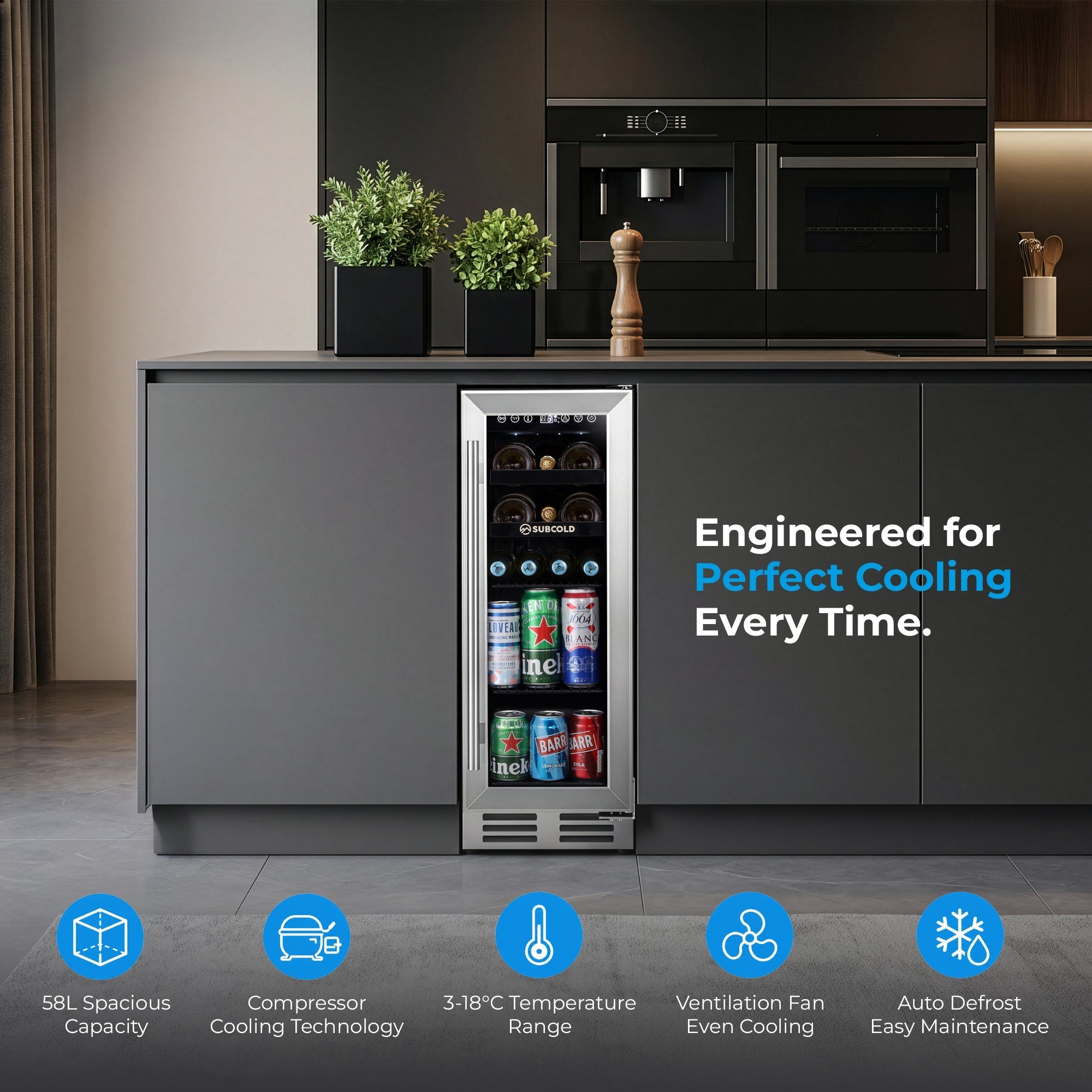 Subcold Integra30 stainless steel built-in beverage cooler with glass door and digital display for perfectly chilled bottles