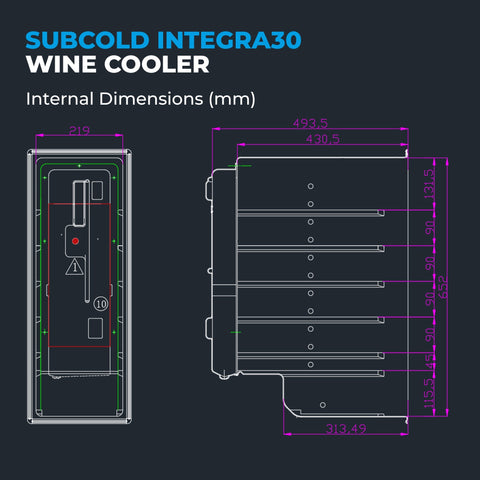 Subcold integra30 integrated 2 in 1 wine cooler with internal dimensions in millimeters for perfectly chilled bottles