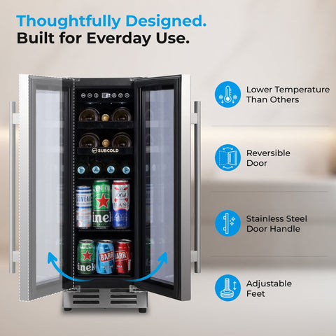 Subcold integra30 stainless steel dual-door beverage cooler with glass doors and reversible handle for perfectly chilled bottles