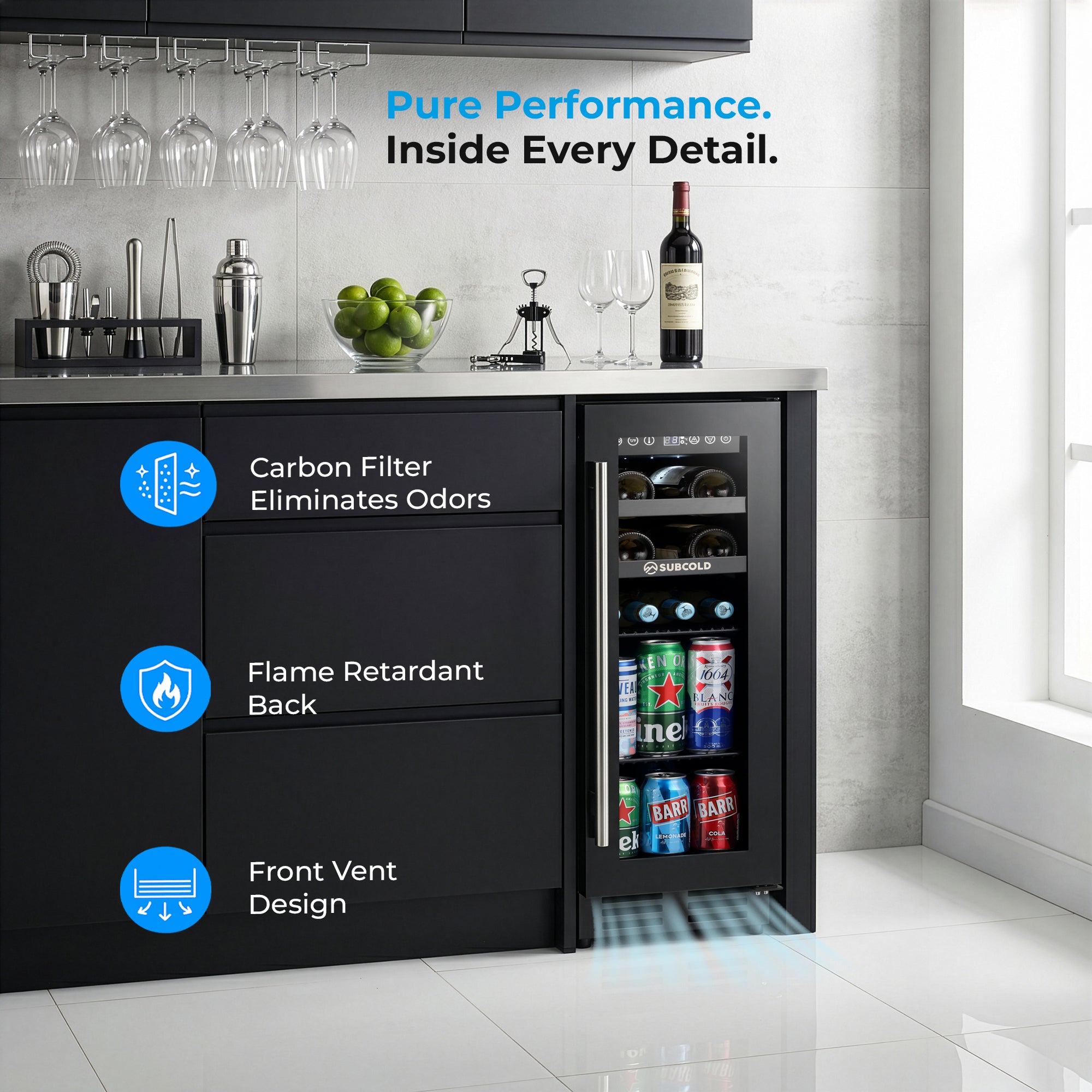 Black subcold integra30 integrated 2 in 1 drinks and wine cooler with glass door holds perfectly chilled bottles