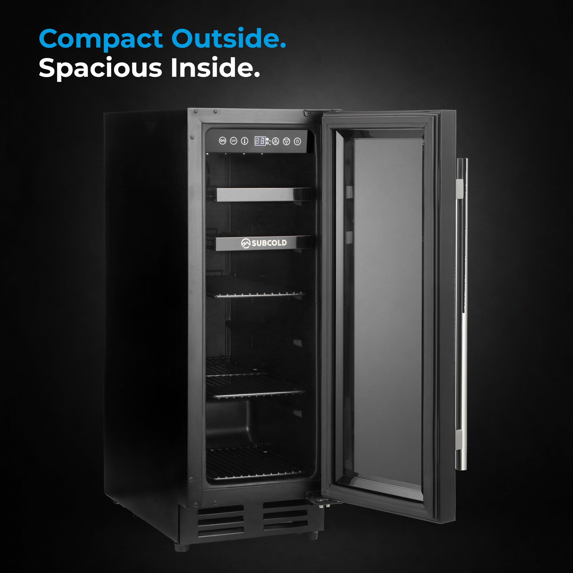 Black subcold integra30 integrated 2 in 1 wine cooler with glass door and stainless steel handle for perfectly chilled wine