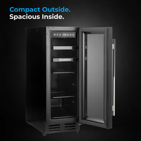 Black subcold integra30 integrated 2 in 1 wine cooler with glass door and stainless steel handle for perfectly chilled wine