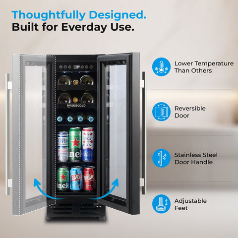 Subcold integra30 black glass-door beverage refrigerator with stainless steel handle keeps drinks perfectly chilled