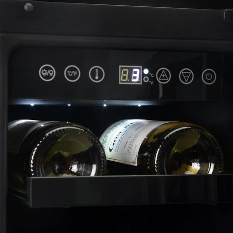 Black subcold integra30 integrated 2 in 1 drinks and wine cooler with illuminated panel showing 8.3c and perfectly chilled bottles inside