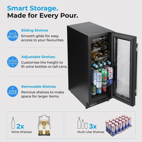 Subcold integra30 black glass-door drinks and wine cooler with sliding shelves for perfectly chilled bottles and cans