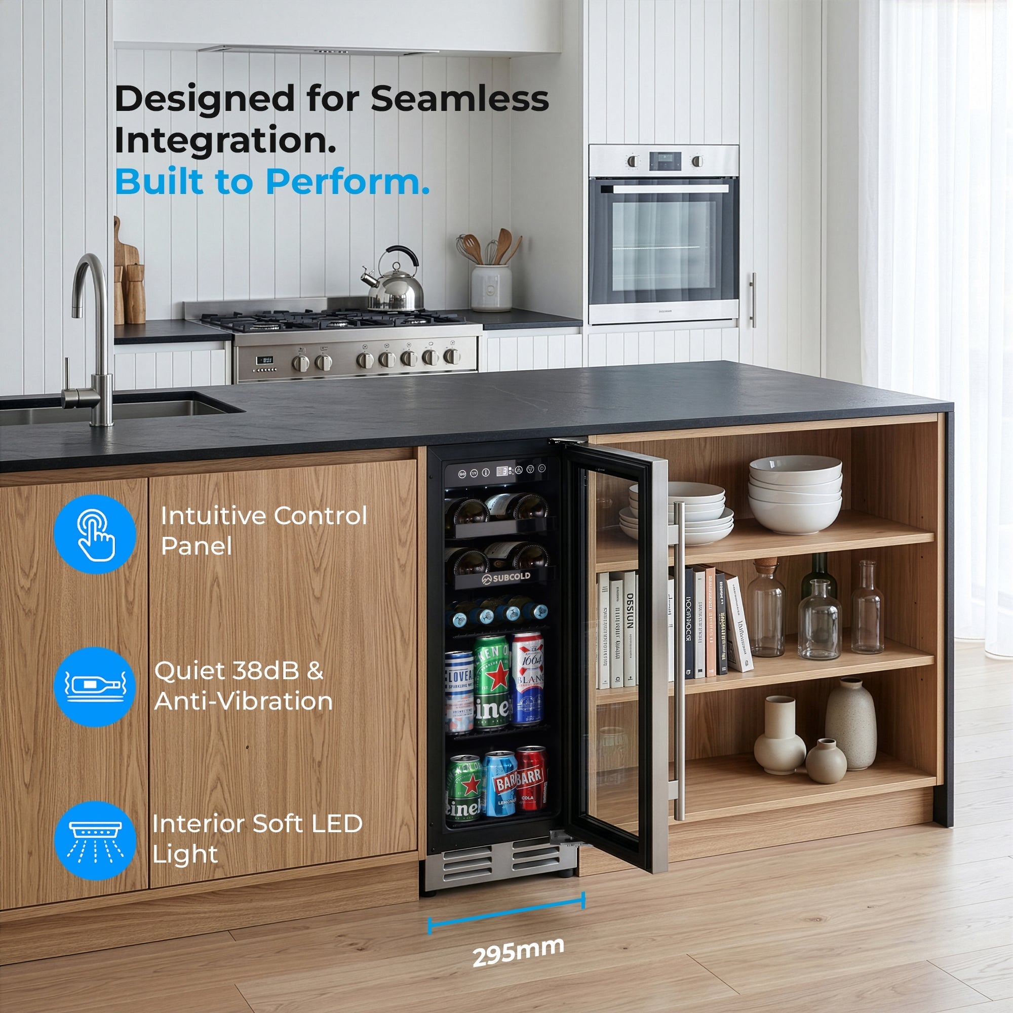 Subcold integra30 black glass-door drinks and wine cooler with stainless steel and led lighting for perfectly chilled bottles