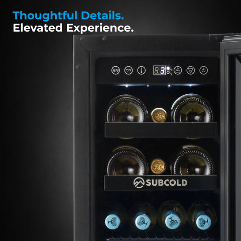 Black subcold integra30 integrated 2 in 1 drinks and wine cooler with digital display and illuminated shelves for perfectly chilled bottles