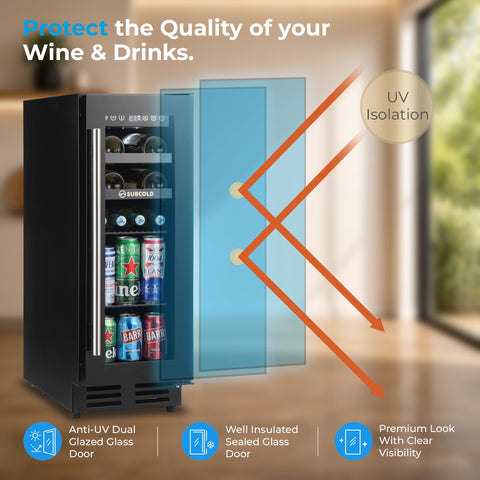 Black subcold integra30 integrated 2 in 1 wine and drinks cooler with clear glass door for perfectly chilled bottles