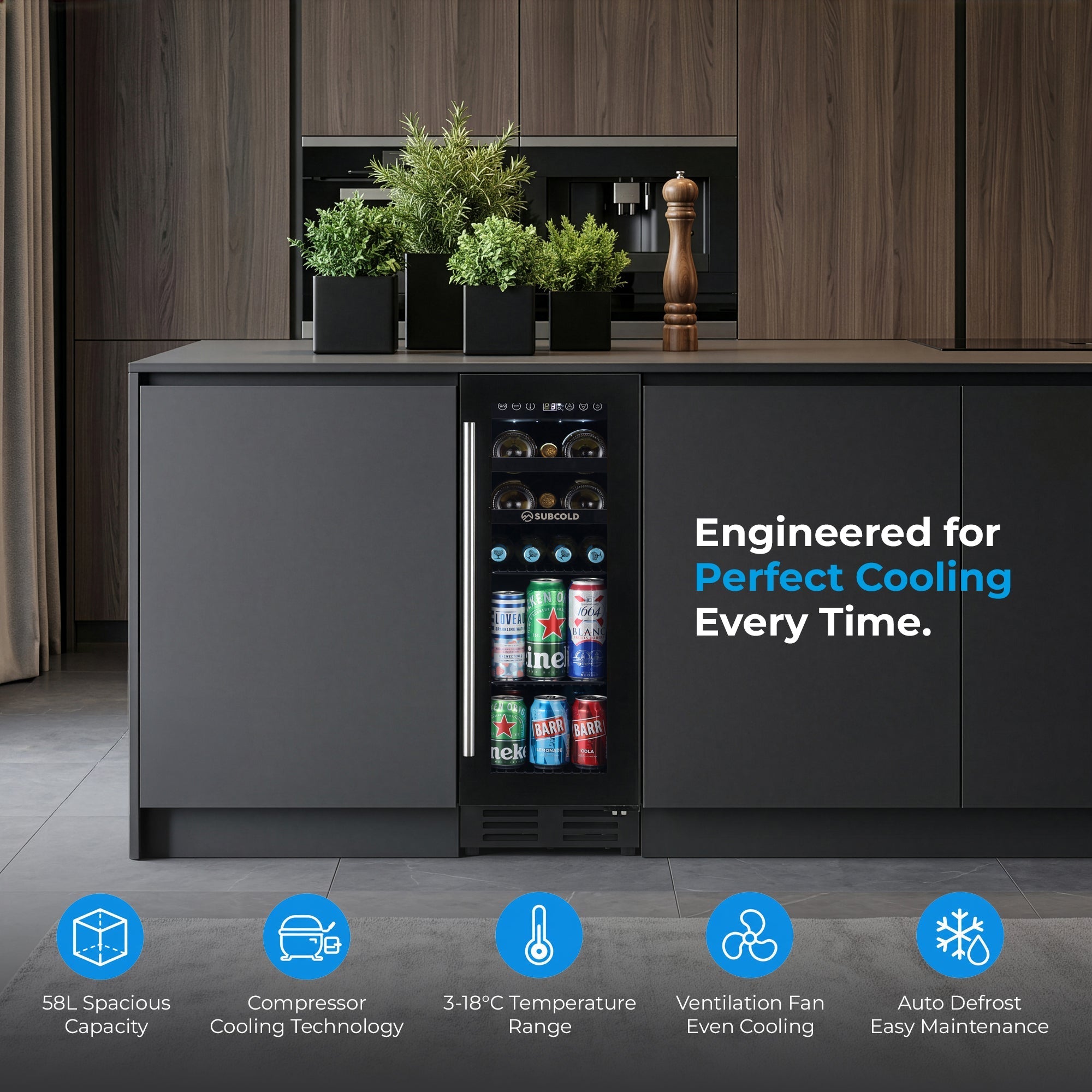 Black glass-door subcold integra30 integrated 2 in 1 drinks and wine cooler with sleek design and digital controls for perfectly chilled bottles