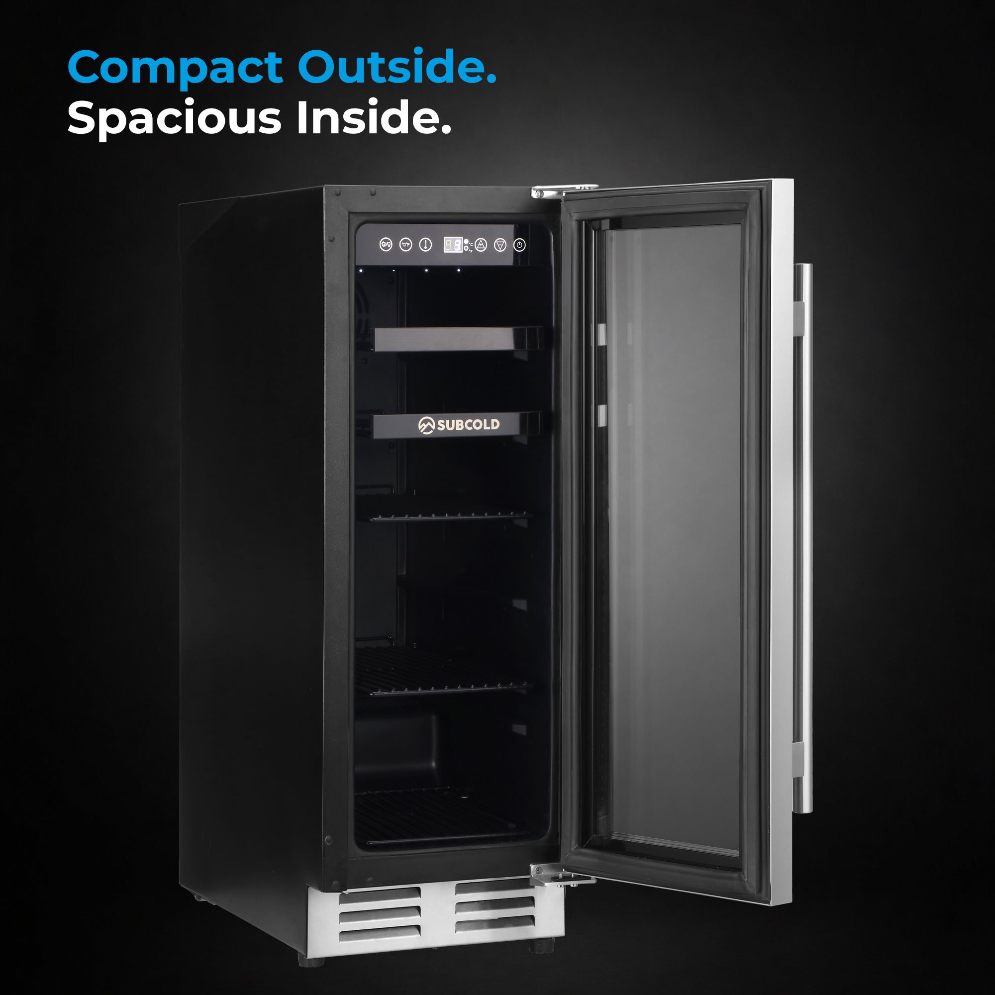 Subcold integra30 black and stainless steel wine cooler with glass door and digital panel for perfectly chilled bottles
