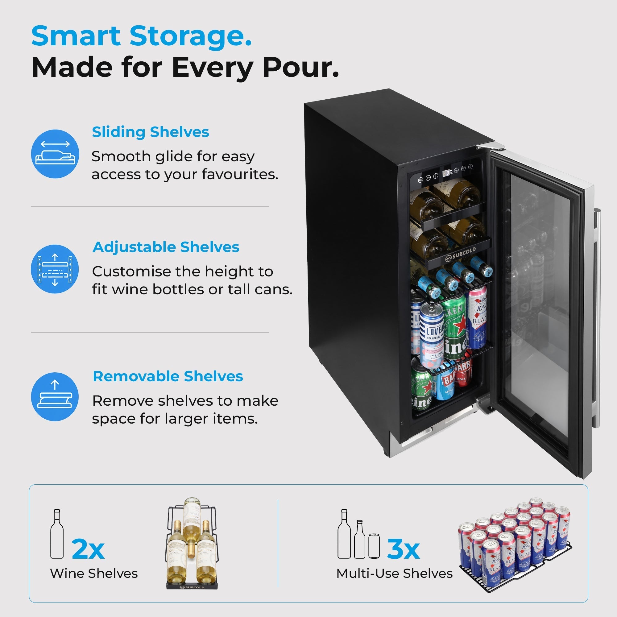 Black subcold integra30 integrated wine cooler with glass door and adjustable shelves for perfectly chilled bottles