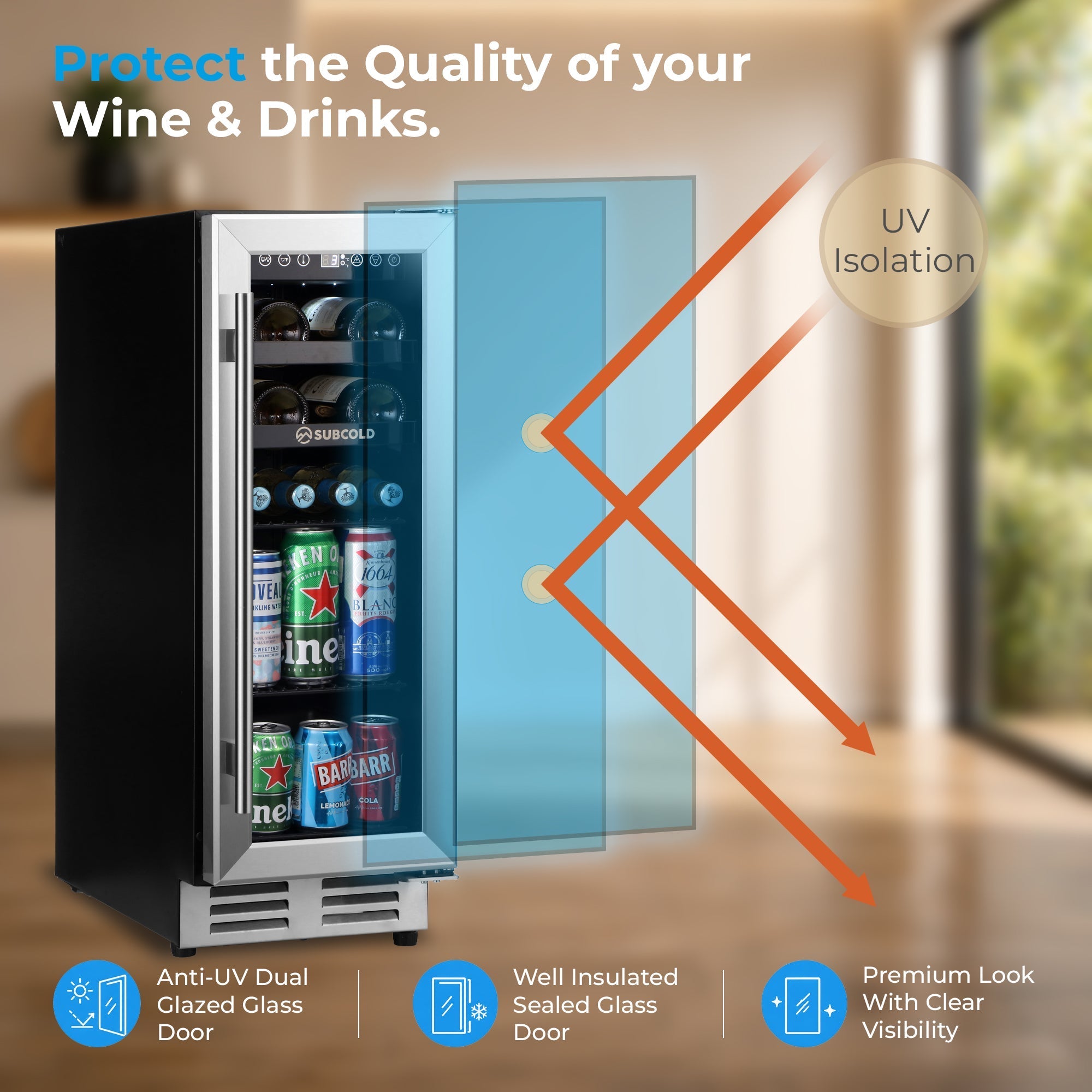 Subcold Integra30 black and stainless steel wine cooler with glass door keeping perfectly chilled bottles inside