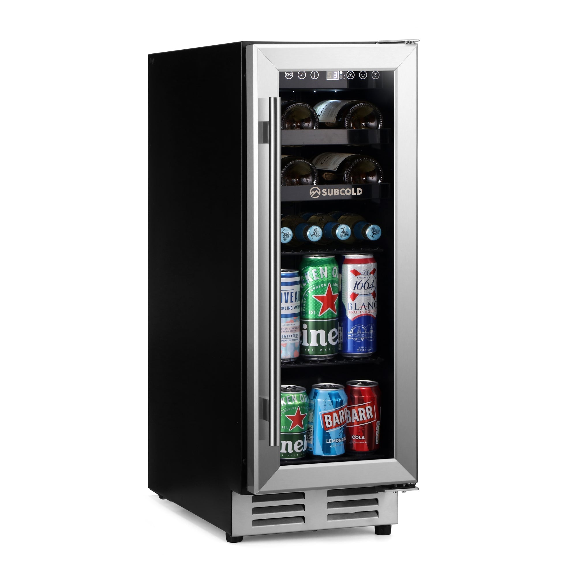 Subcold integra30 stainless steel and black glass door wine cooler with digital display for perfectly chilled bottles