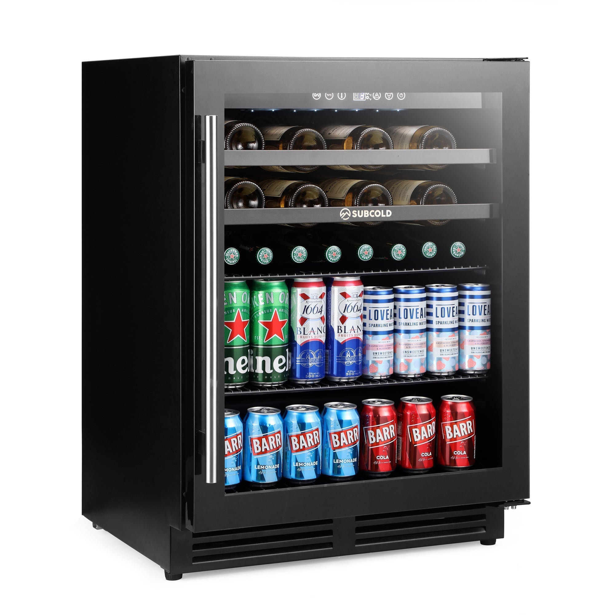 Black subcold integra60 integrated 2 in 1 drinks and wine cooler with glass door stainless steel handle and stocked shelves