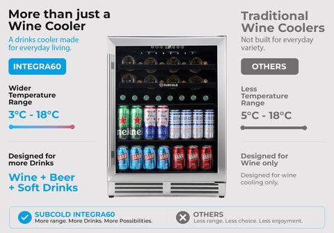 Subcold integra60 stainless steel wine cooler with glass doors black shelves and digital display panel top right