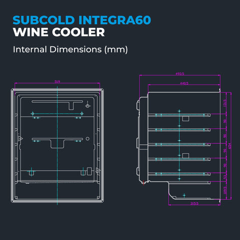 Subcold integra60 integrated 2 in 1 drinks and wine cooler with sleek design and internal dimensions in millimeters