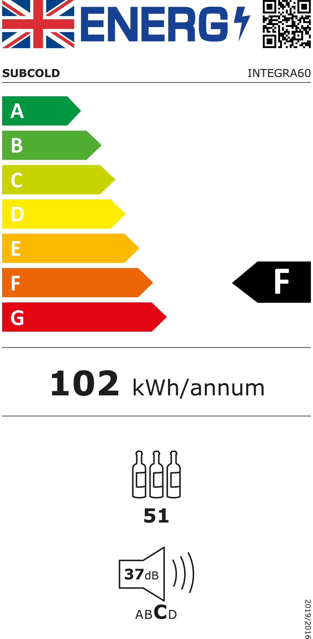 Energy rating label for subcold integra60 integrated 2 in 1 drinks and wine cooler showing f grade 102 kwh per annum