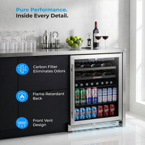 Subcold integra60 stainless steel built-in wine and beverage cooler with glass door and black cabinet sides