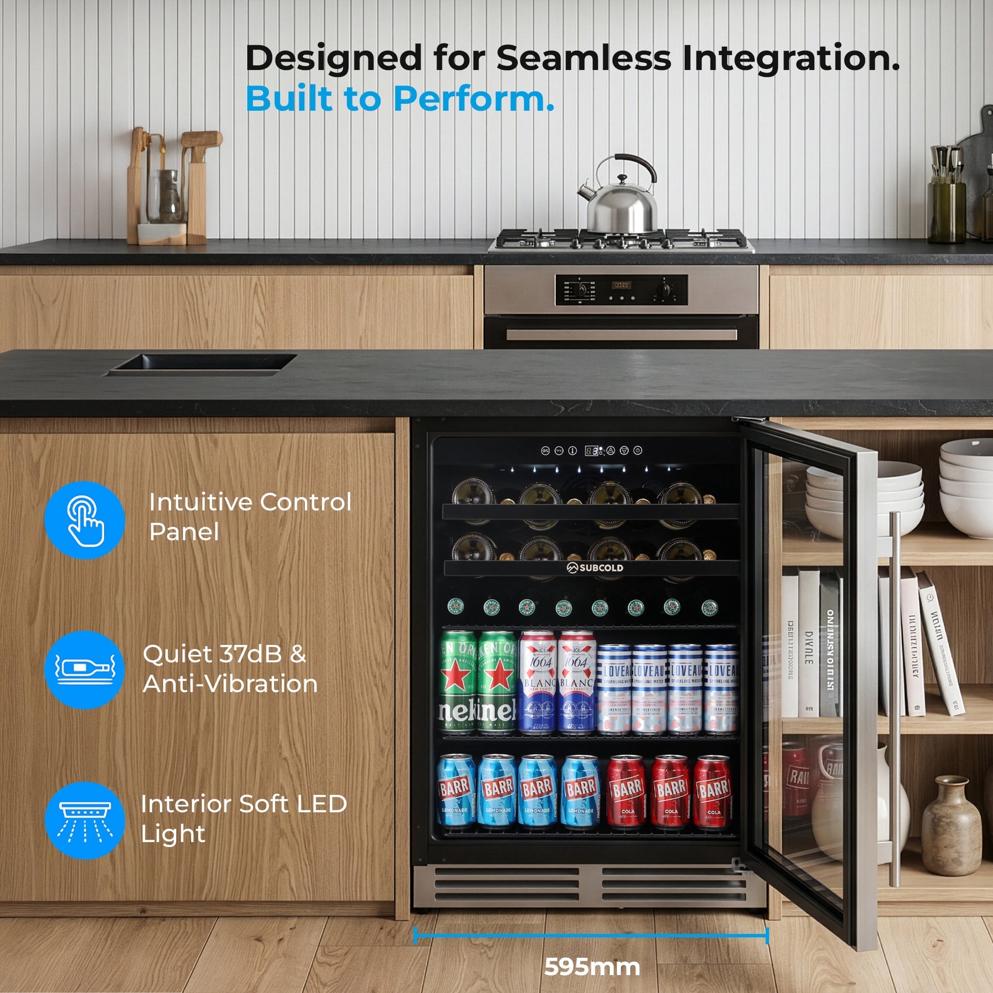 Stainless steel subcold integra60 built-in beverage cooler with glass door and interior led lighting for drinks and wine