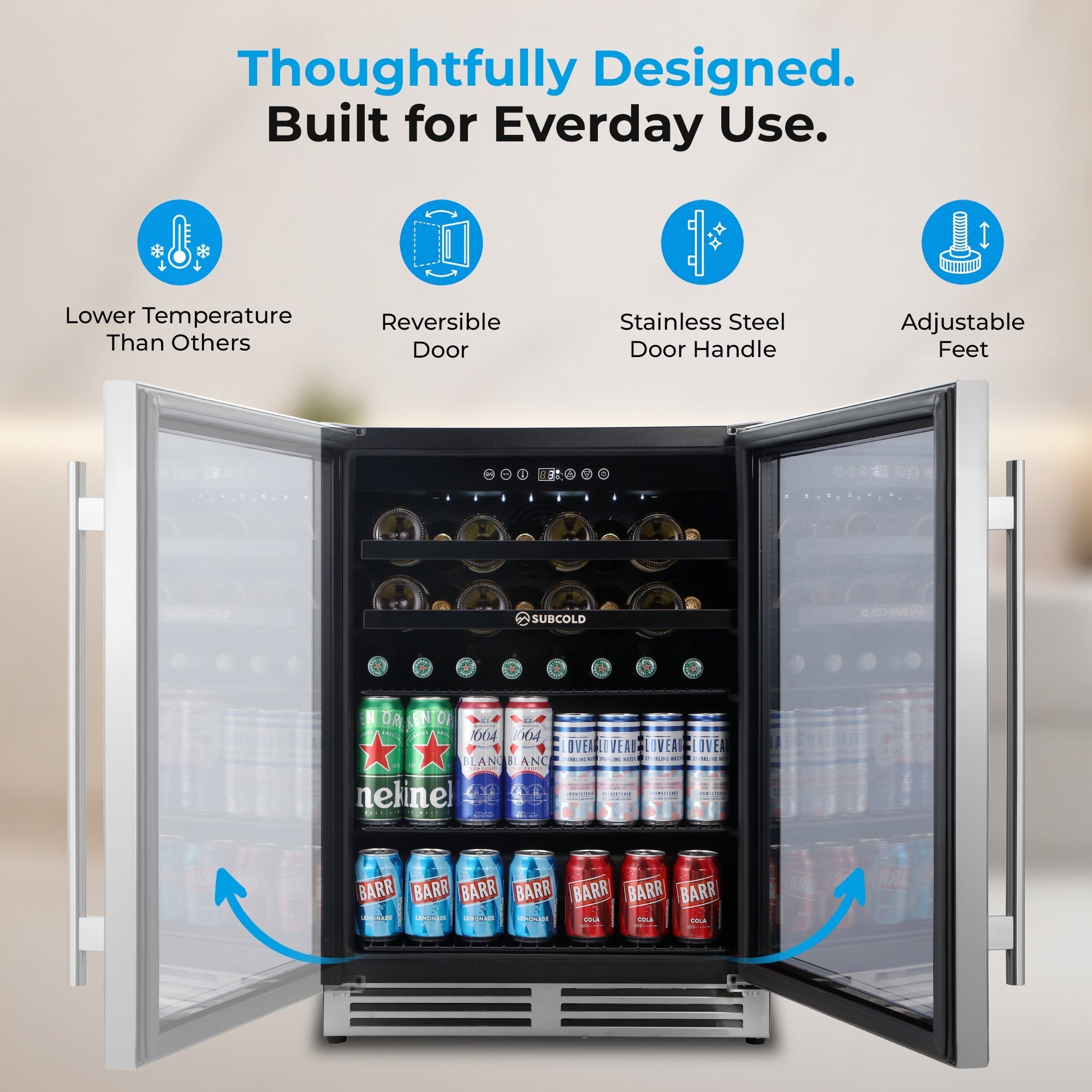Silver stainless steel subcold integra60 dual-door beverage cooler with glass doors and adjustable feet