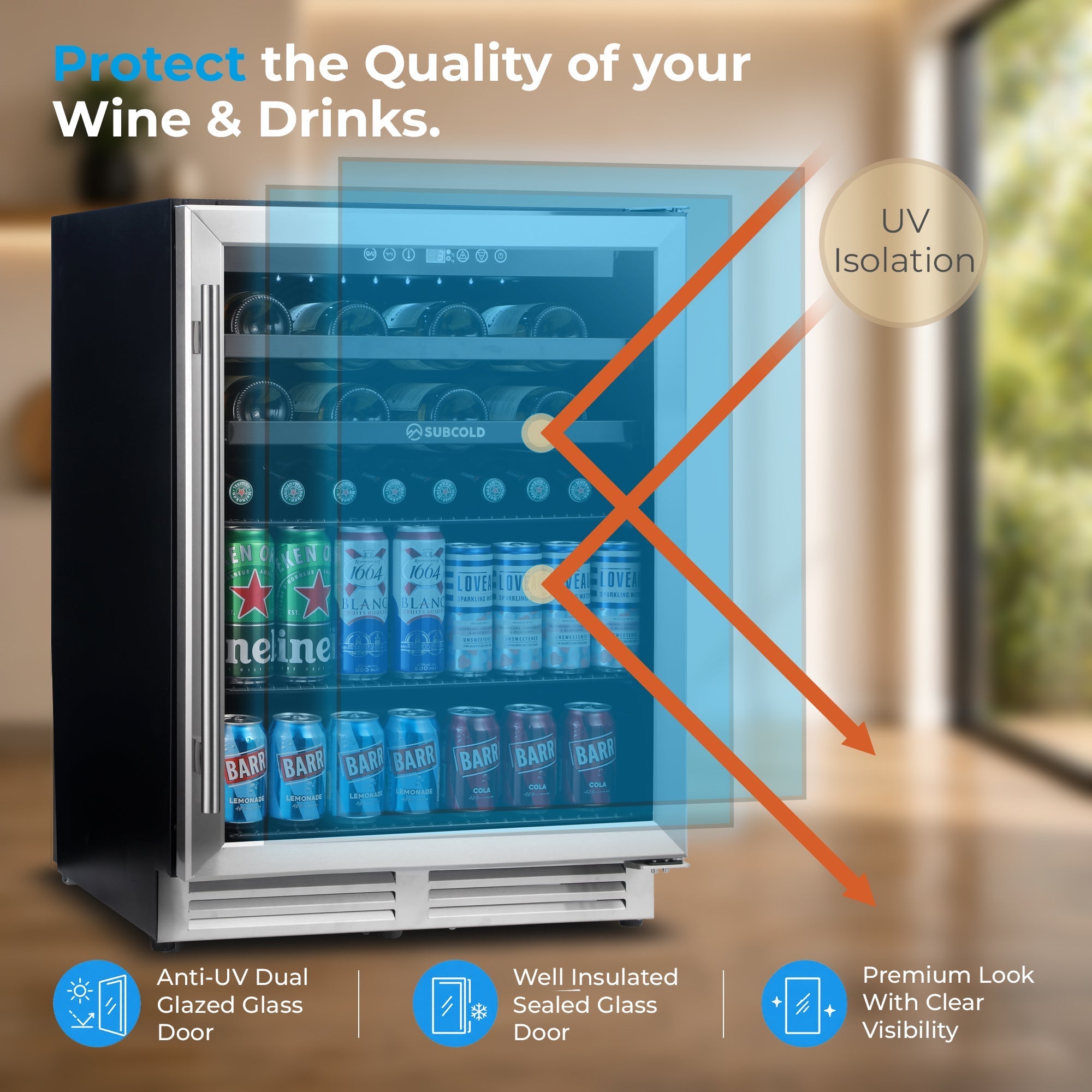 Subcold integra60 stainless steel and black framed wine cooler with glass door showing beer bottles cans and sparkling drinks