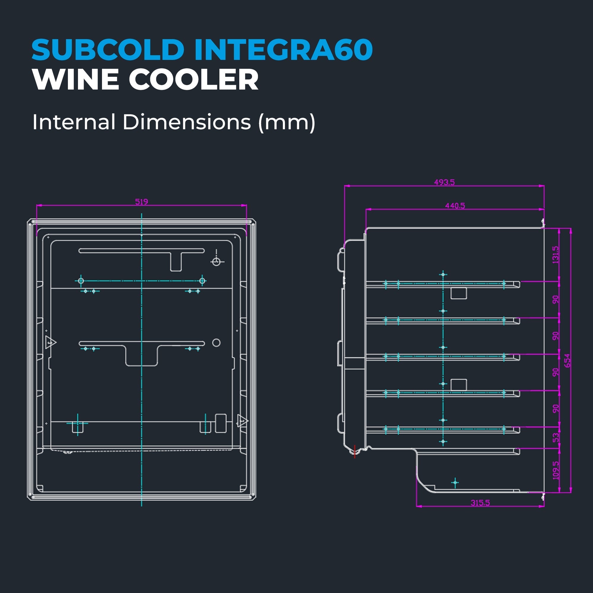 Subcold integra60 integrated 2 in 1 drinks and wine cooler with sleek design and internal dimensions in millimeters