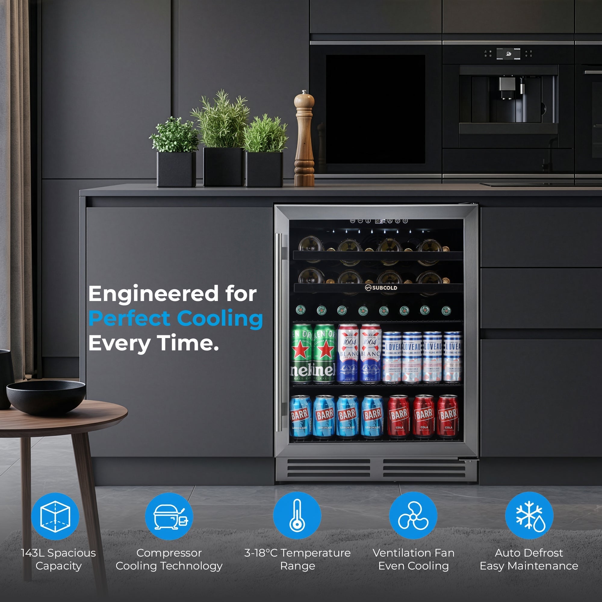 Silver-framed subcold integra60 integrated 2 in 1 drinks and wine cooler with glass door showing colorful cans inside